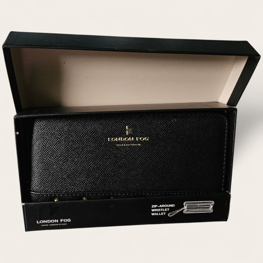 London Fog Zip Around Wristlet Wallet Black Saffiano Leather NIB Gift Box
